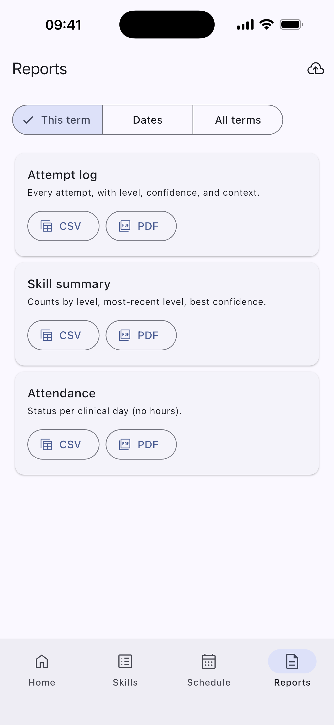 Reports screen