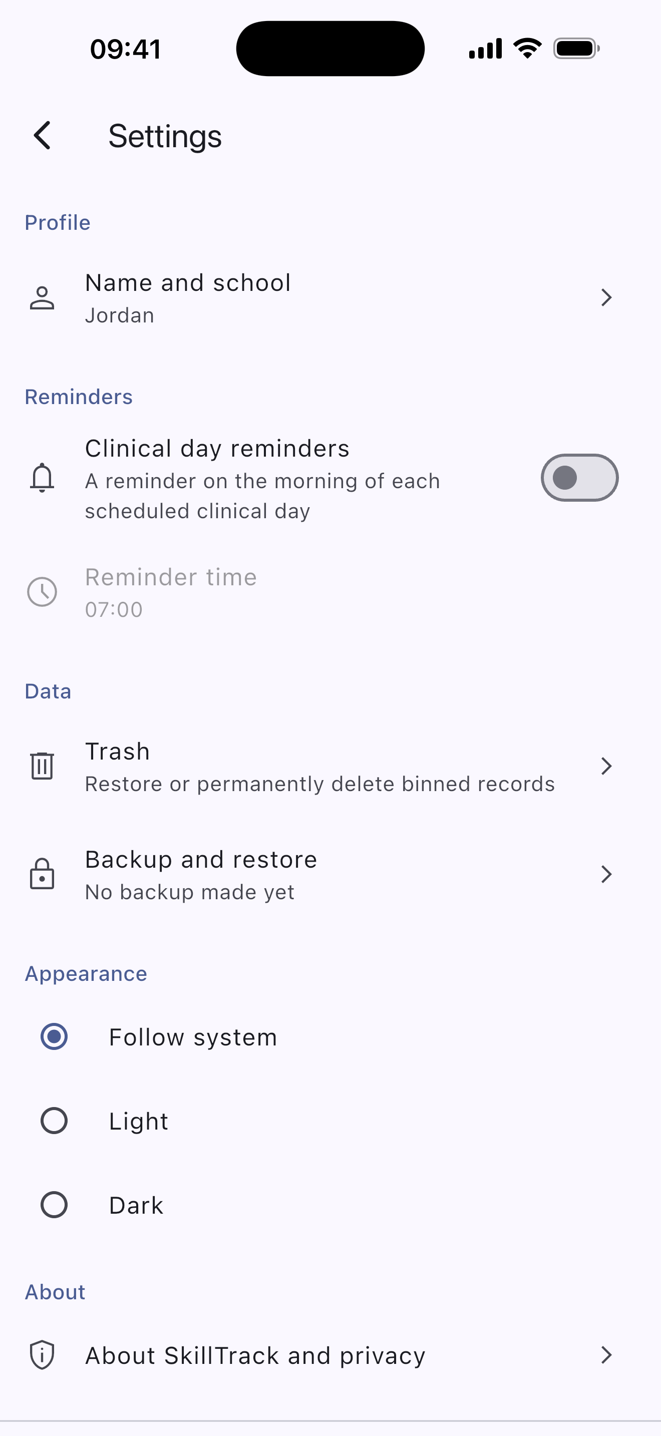 Student settings screen