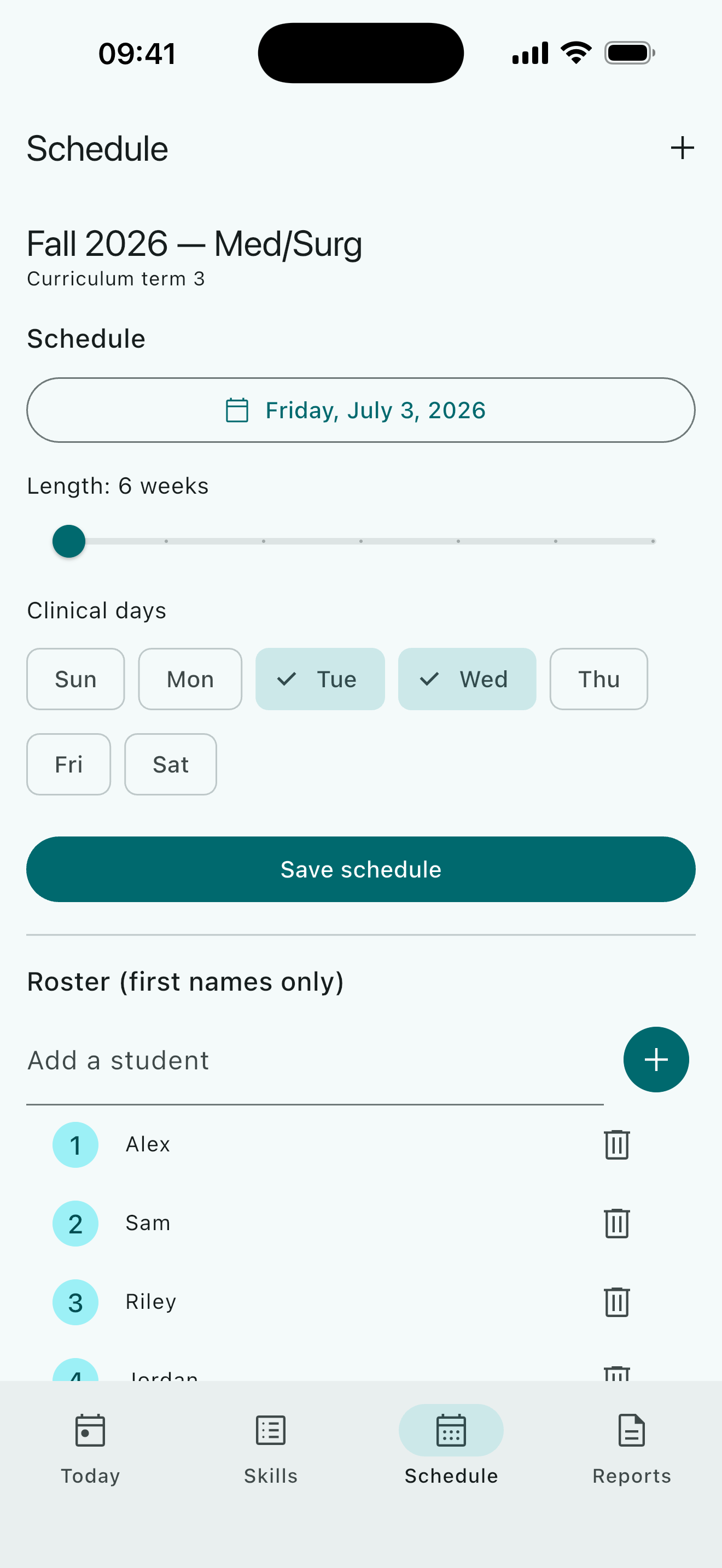Instructor schedule setup screen