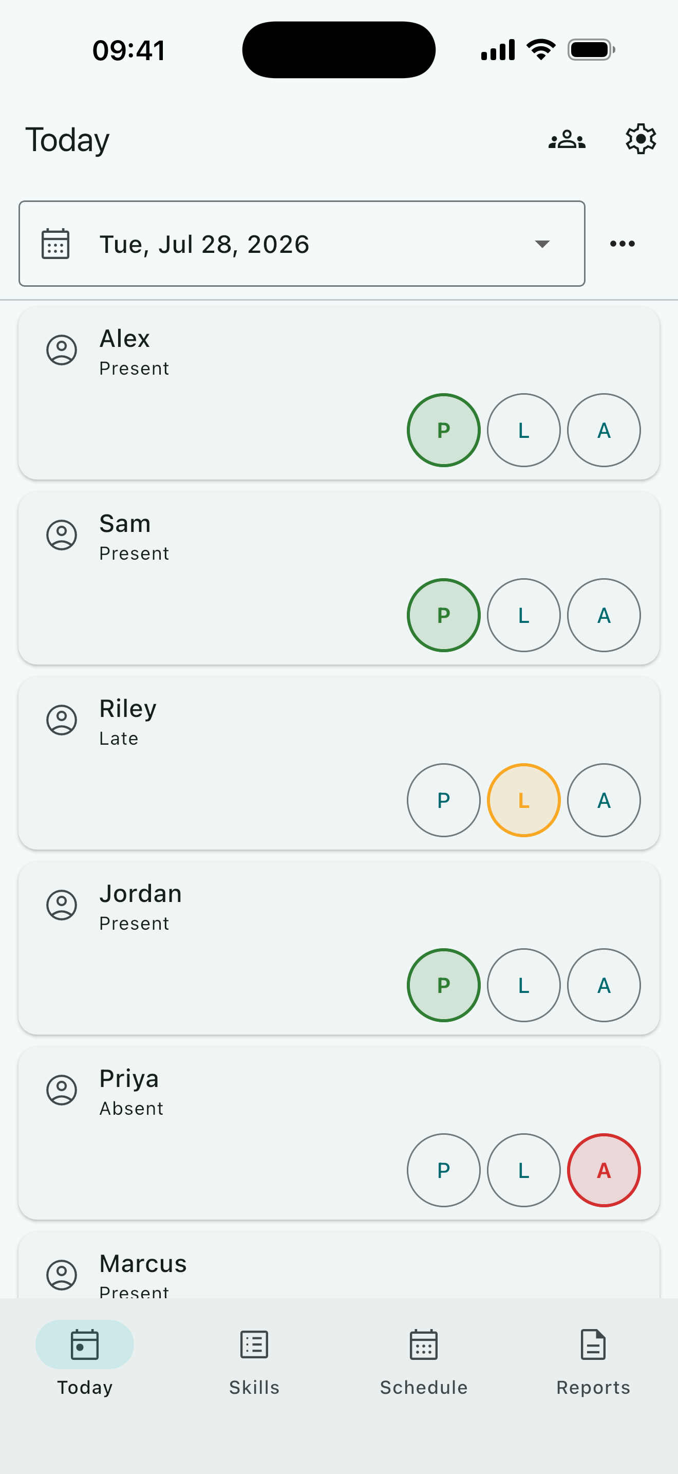 Instructor attendance screen