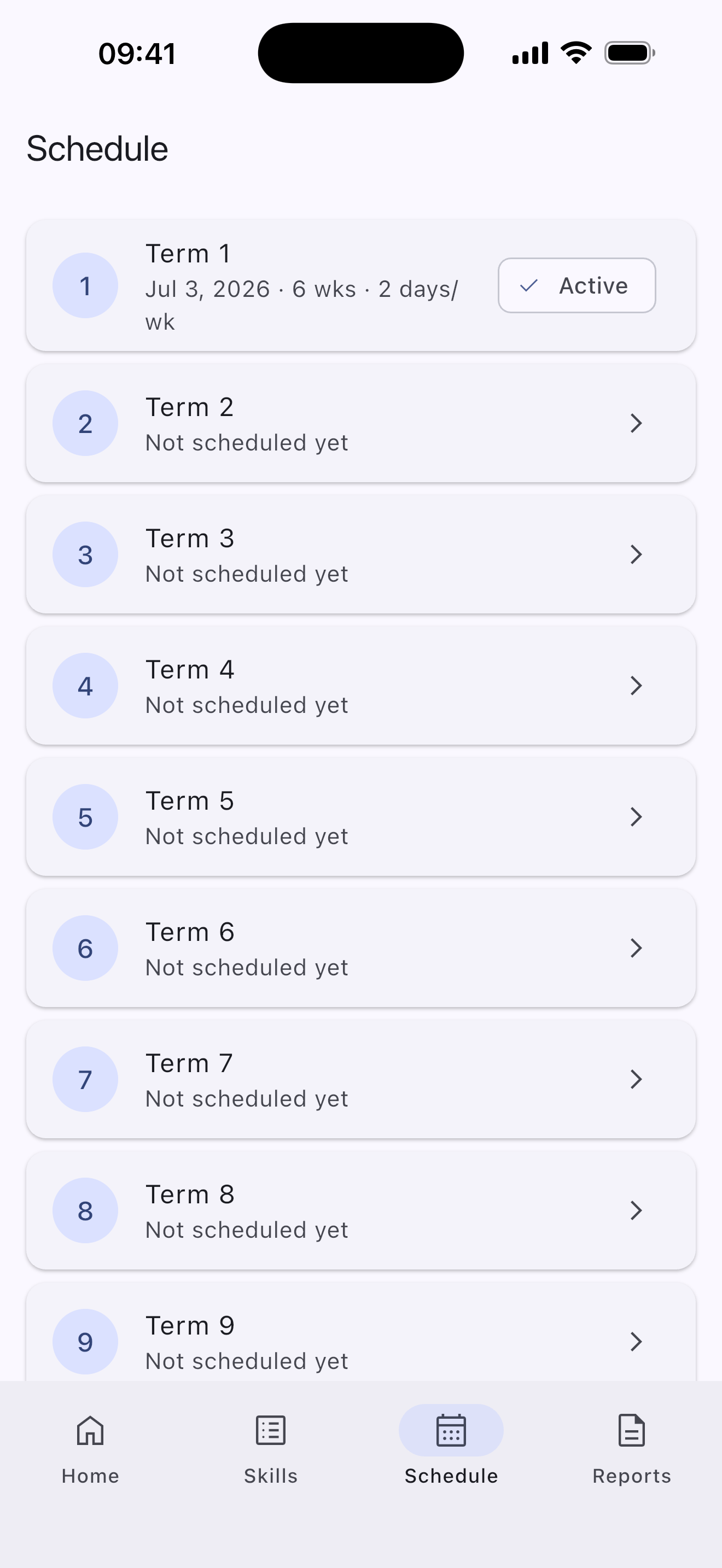 Schedule screen